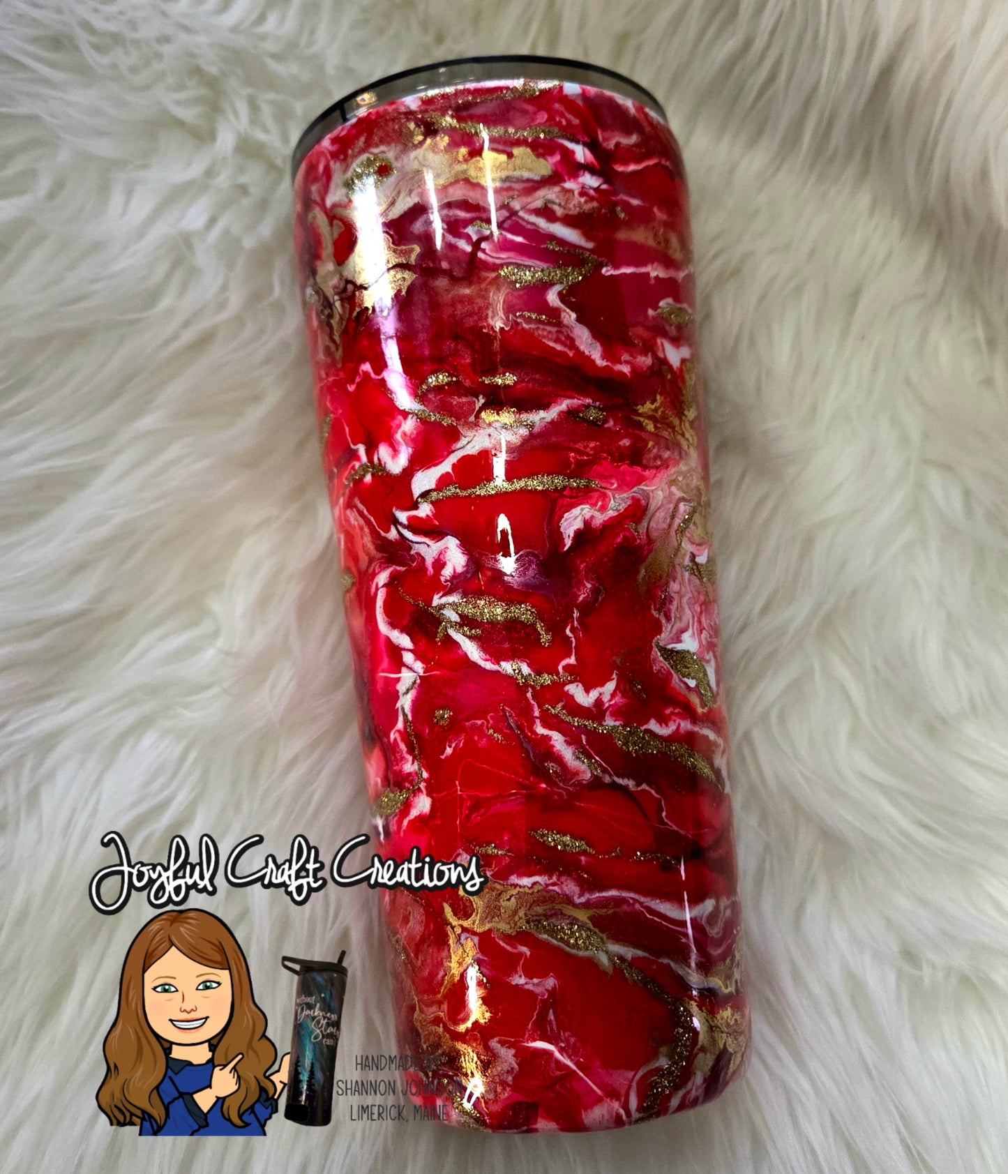 Red and White Alcohol Ink Swirl with Gold Glitter Accents Ready to Ship