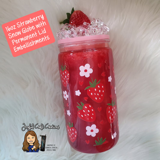 16 oz Acrylic Strawberry Snow Globe with Permanent Lid Embellishments
