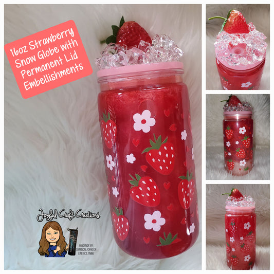 16 oz Acrylic Strawberry Snow Globe with Permanent Lid Embellishments