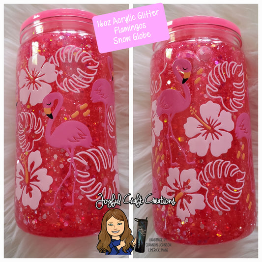 16 oz Acrylic Glitter Snow Globe - Flamingo