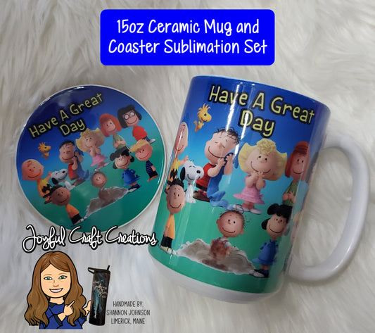 Peanuts 15 oz Ceramic Sublimation Mug & Coaster Set (FREE SHIPPING)
