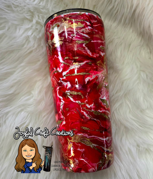 Red and White Alcohol Ink Swirl with Gold Glitter Accents Ready to Ship