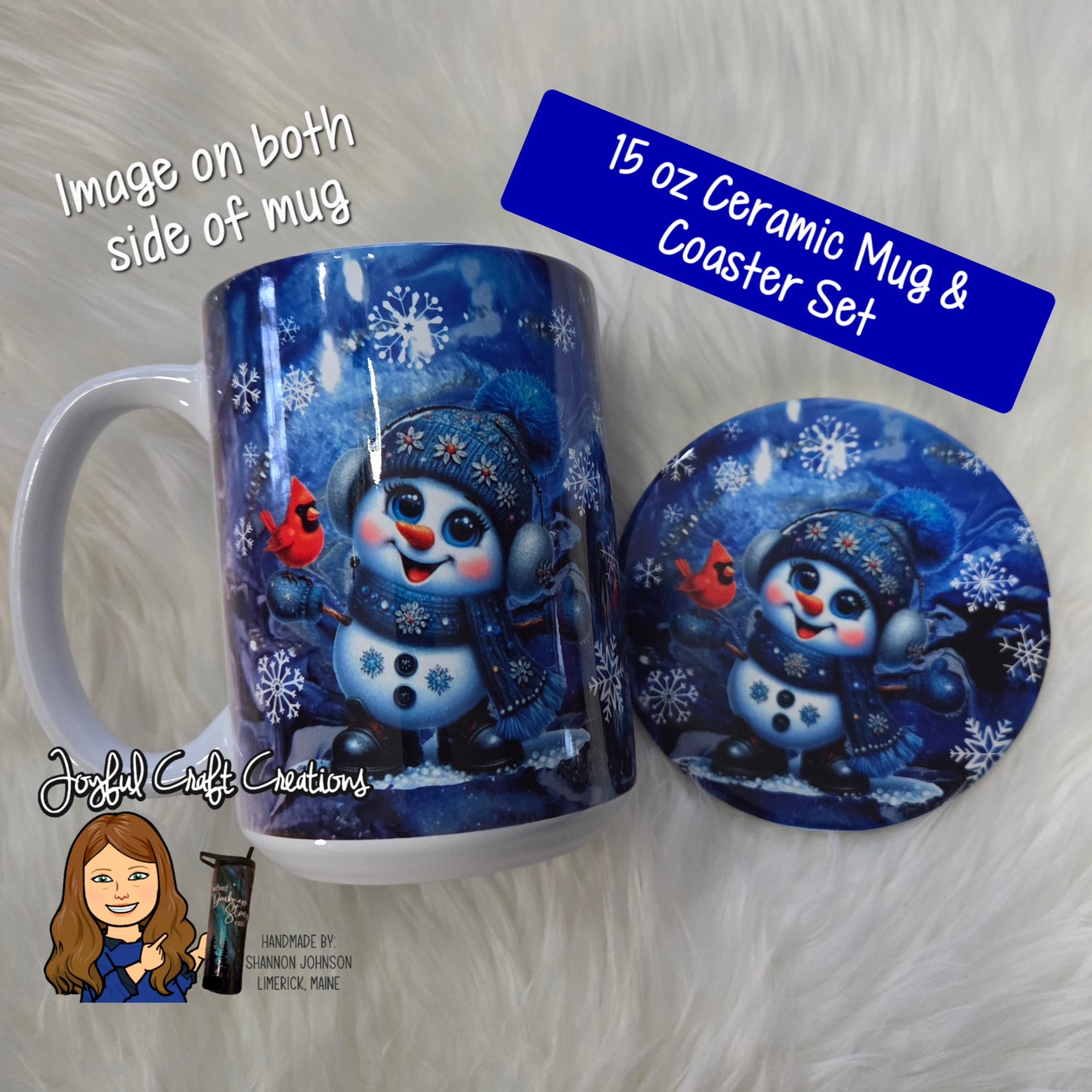 Snowman and Cardinal 15 oz Ceramic Sublimation Mug & Coaster Set (FREE SHIPPING)