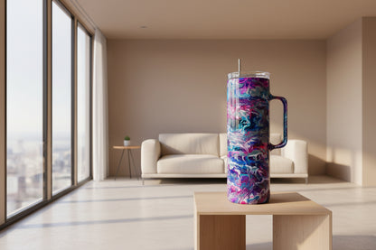 20 oz Handled Alcohol Ink Swirl with Turquoise Glitter Accents