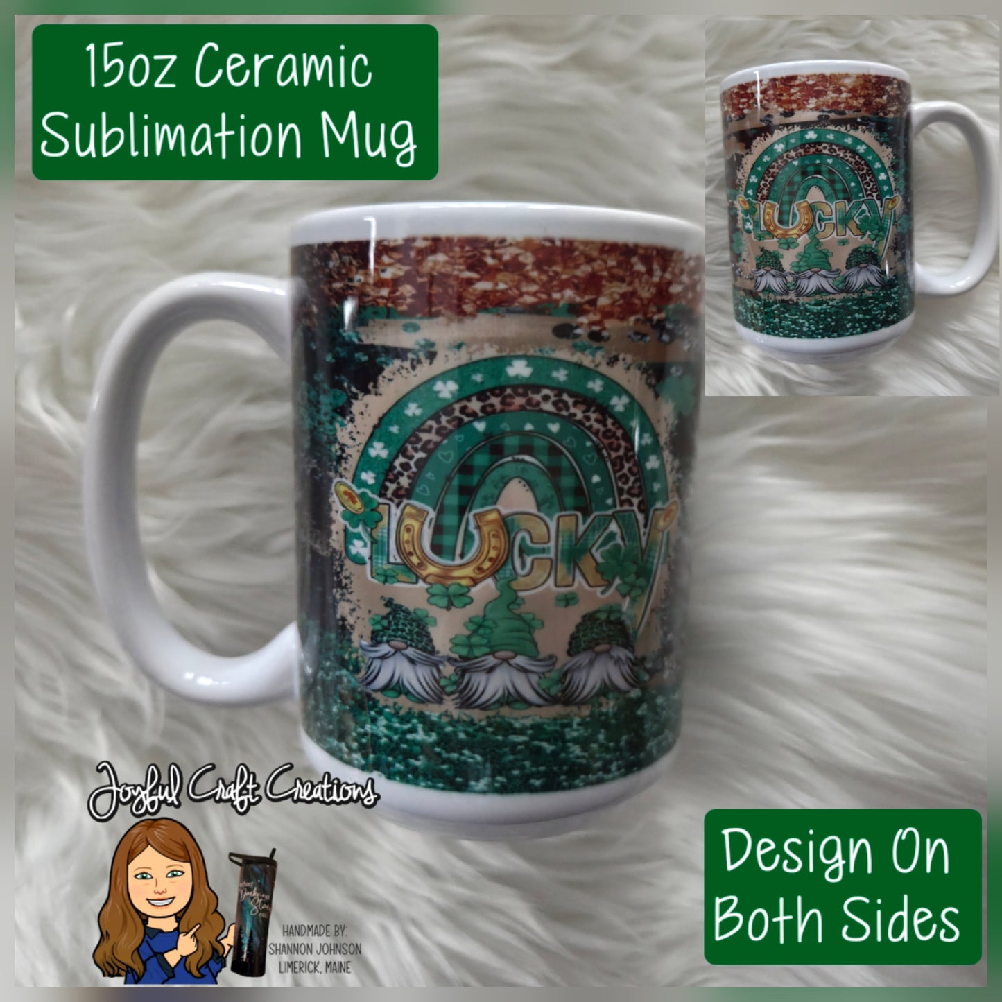 15 oz Ceramic Sublimation Mug - Lucky Gnome Shamrocks