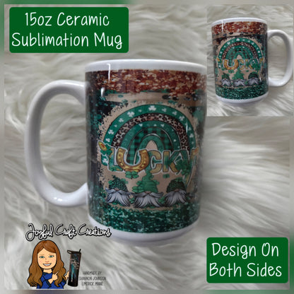 15 oz Ceramic Sublimation Mug - Lucky Gnome Shamrocks