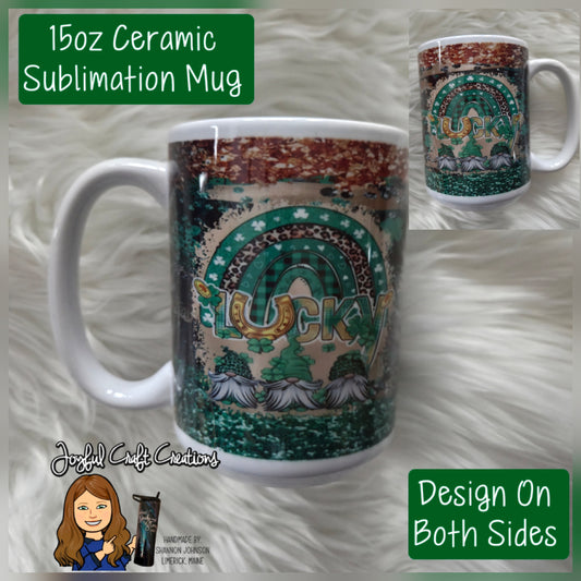 15 oz Ceramic Sublimation Mug - Lucky Gnome Shamrocks