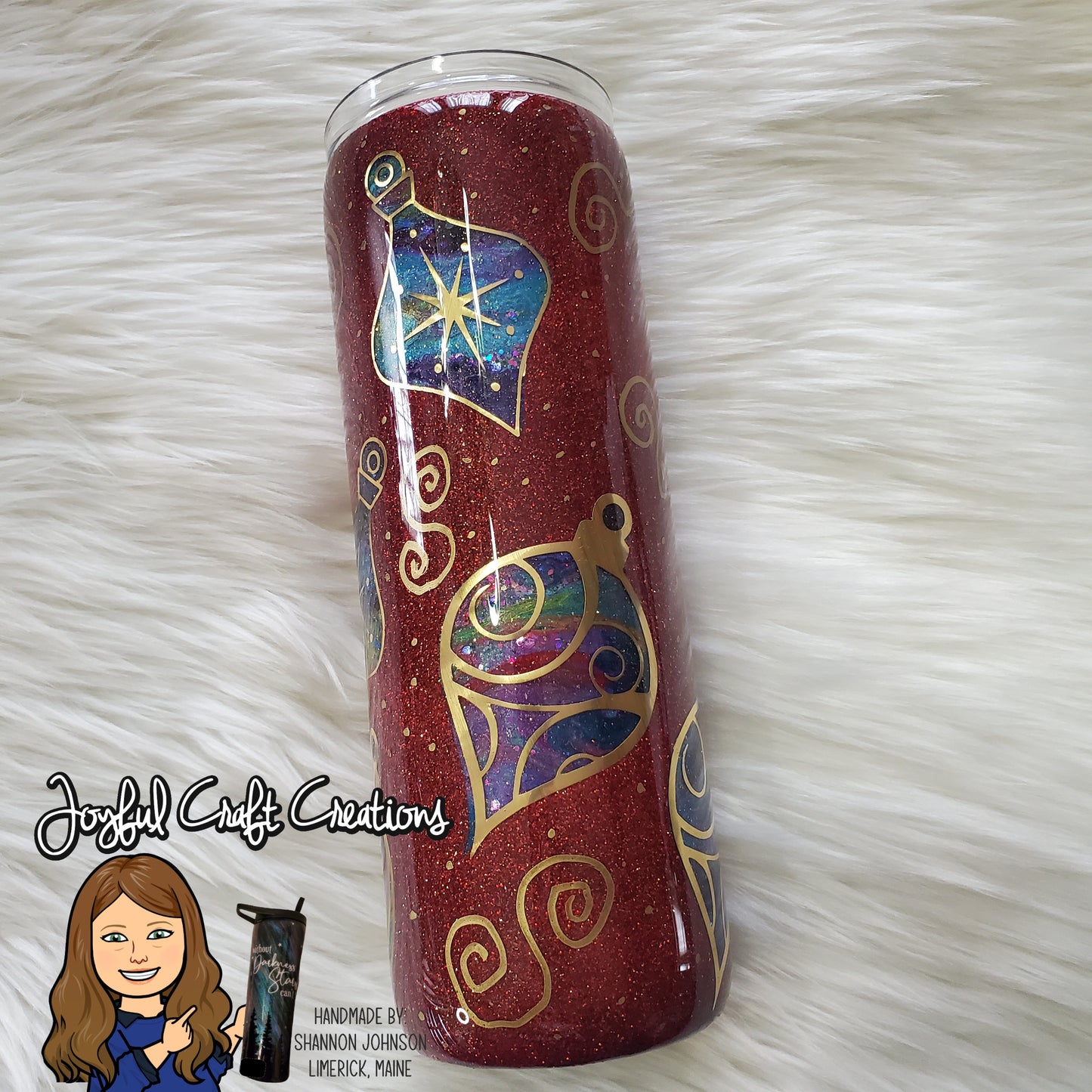 Alcohol Ink Peekaboo Tumbler – Ornaments on Red Glitter
