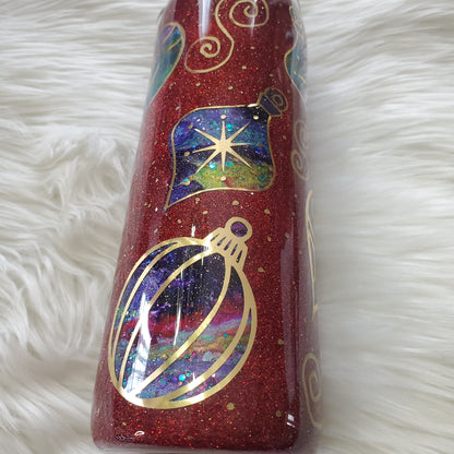Alcohol Ink Peekaboo Tumbler – Ornaments on Red Glitter