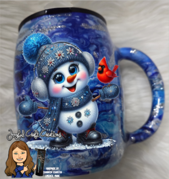 14oz Blue Alcohol Ink with Silver Glitter Snowman Mug
