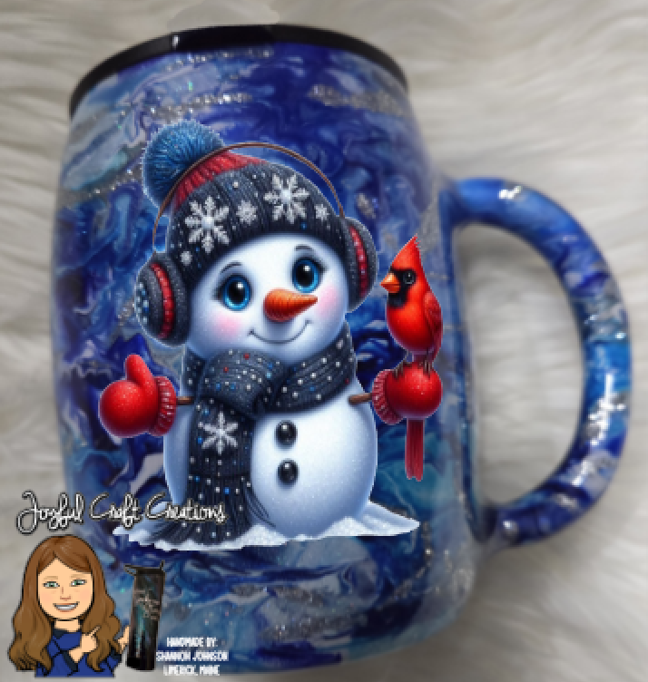14oz Blue Alcohol Ink with Silver Glitter Snowman Mug