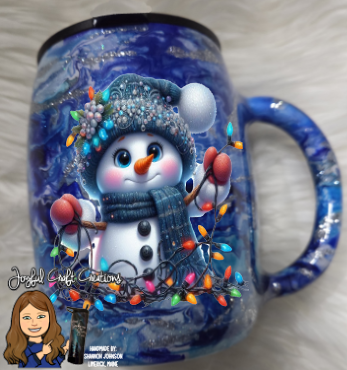 14oz Blue Alcohol Ink with Silver Glitter Snowman Mug