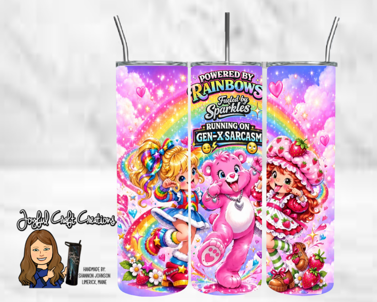 Gen‑X Retro Rainbow Brite, GenX Bear and Strawberry Shortcake Sublimation Tumbler
