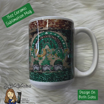15 oz Ceramic Sublimation Mug - Lucky Gnome Shamrocks